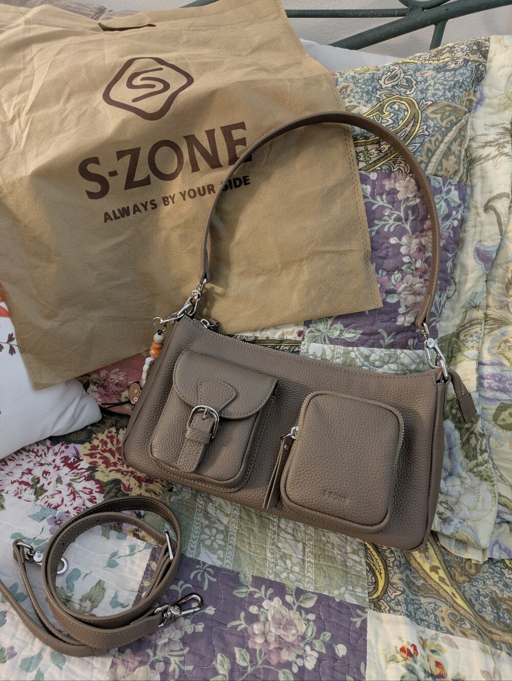 S-Zone Taupe Leather Shoulder Bag with Multiple Pockets And 2 Removable Straps